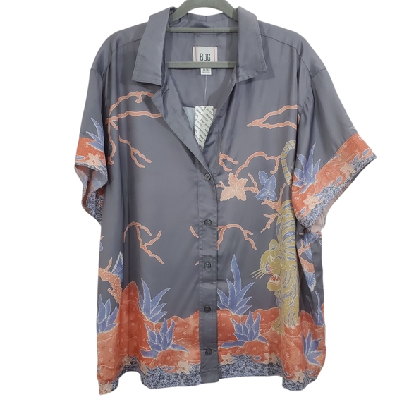 UO BDG Asher Satin Printed Souvenir Shirt NWT XL Boho Tiger Button Down Casual - Picture 2 of 13